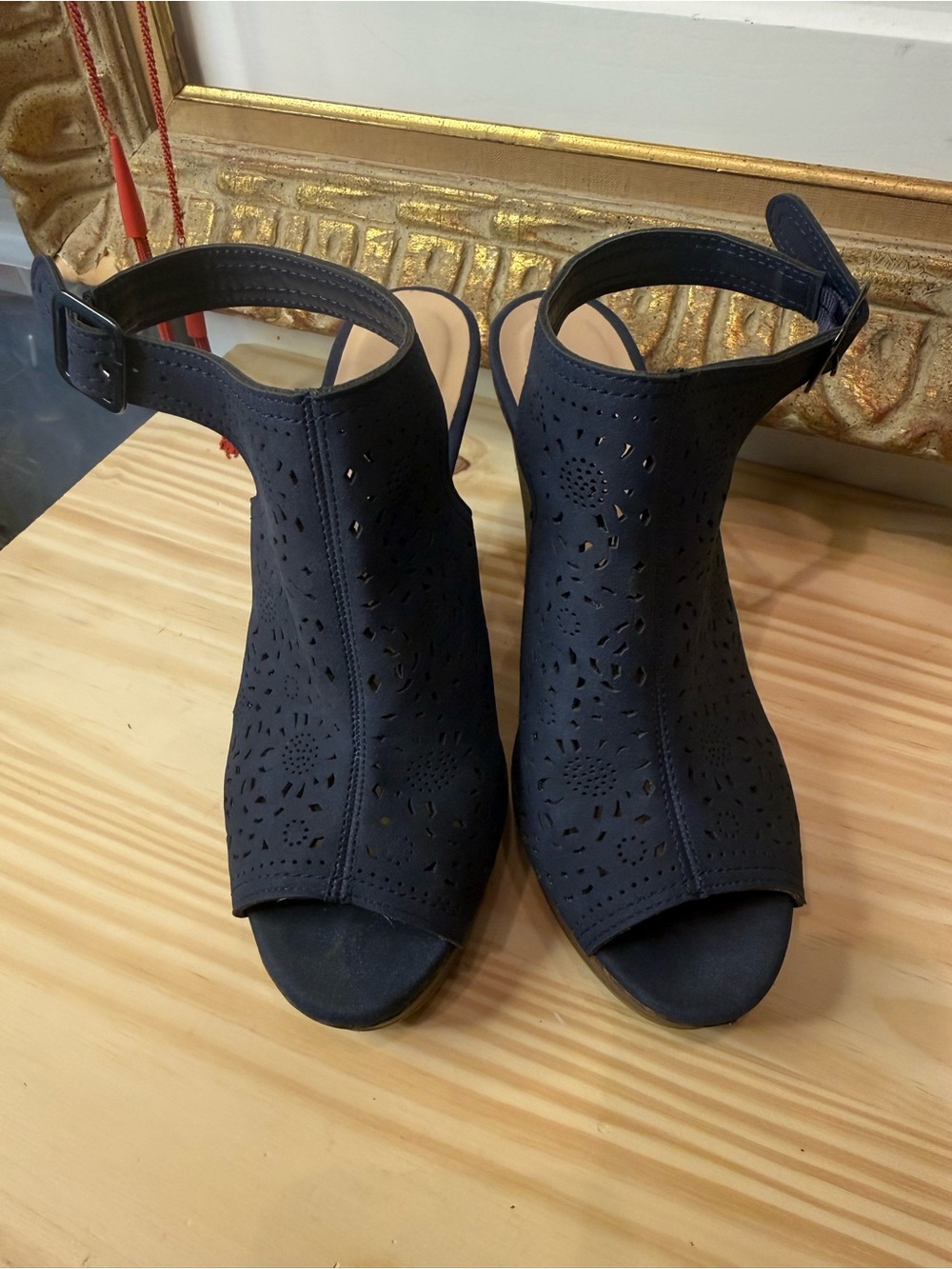 Jasmine Navy Perforated Peep-Toe Ankle Strap Heels